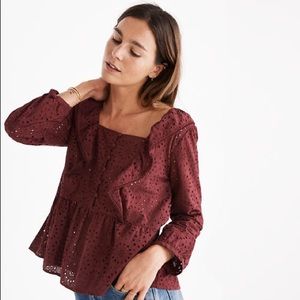 Madewell Maroon Eyelet Pom-Pom Top